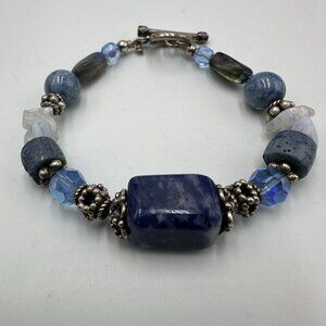 Artisan Beaded Bracelet Blue Glass Stone Beads Sterling Silver Toggle 6.75"